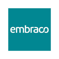 Teal colour Embraco logo, teal background with white text
