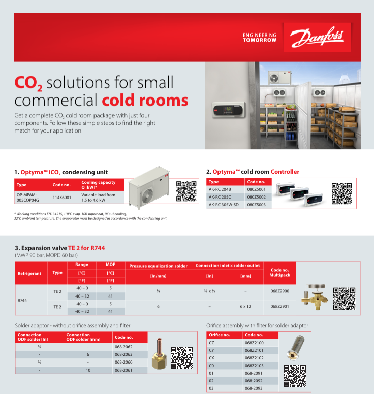 Danfoss CO2 solutions for small commercial cold rooms with product details and images.
