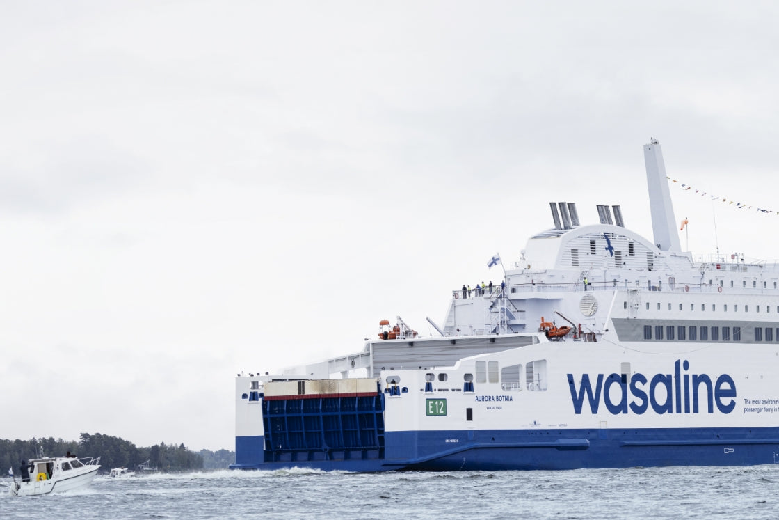 Cruise ship with 'wasaline' branding on a body of water.