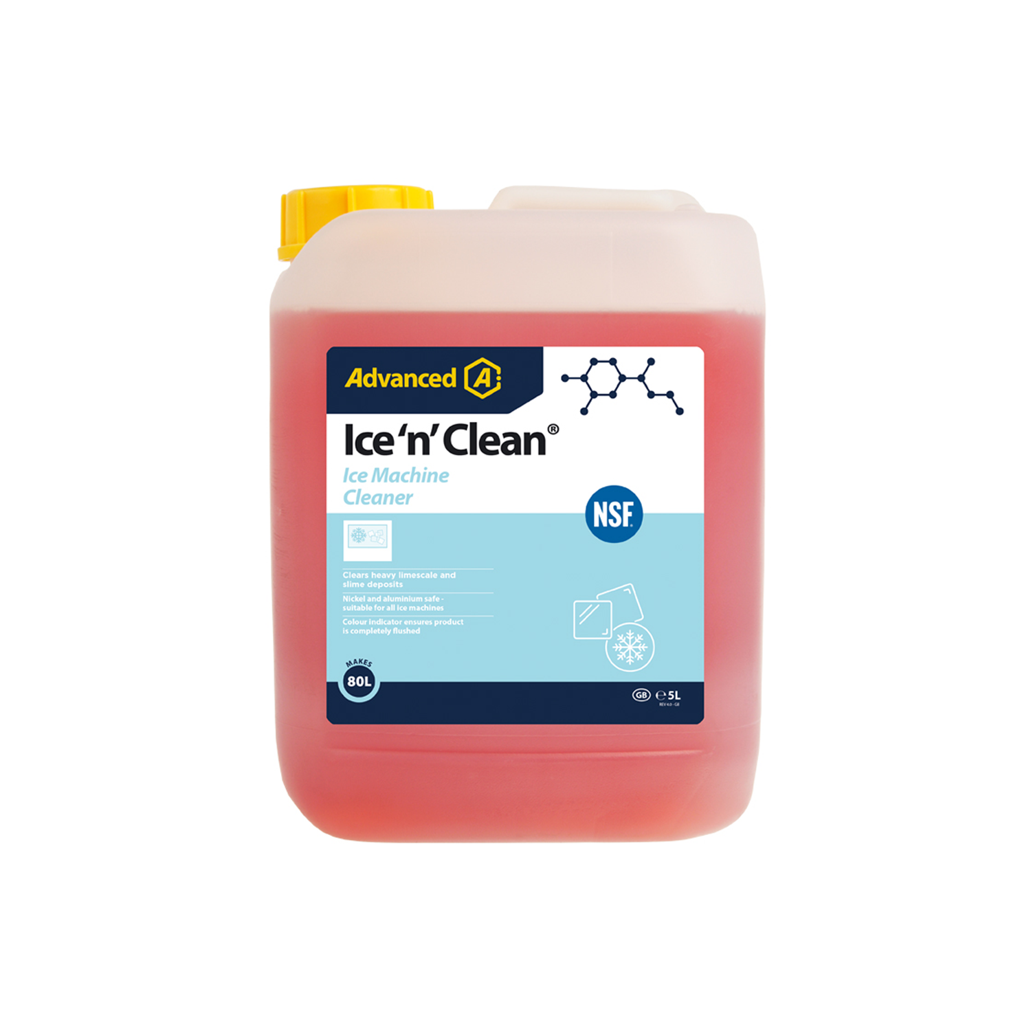 Container of Advanced Ice 'n' Clean ice machine cleaner on a white background