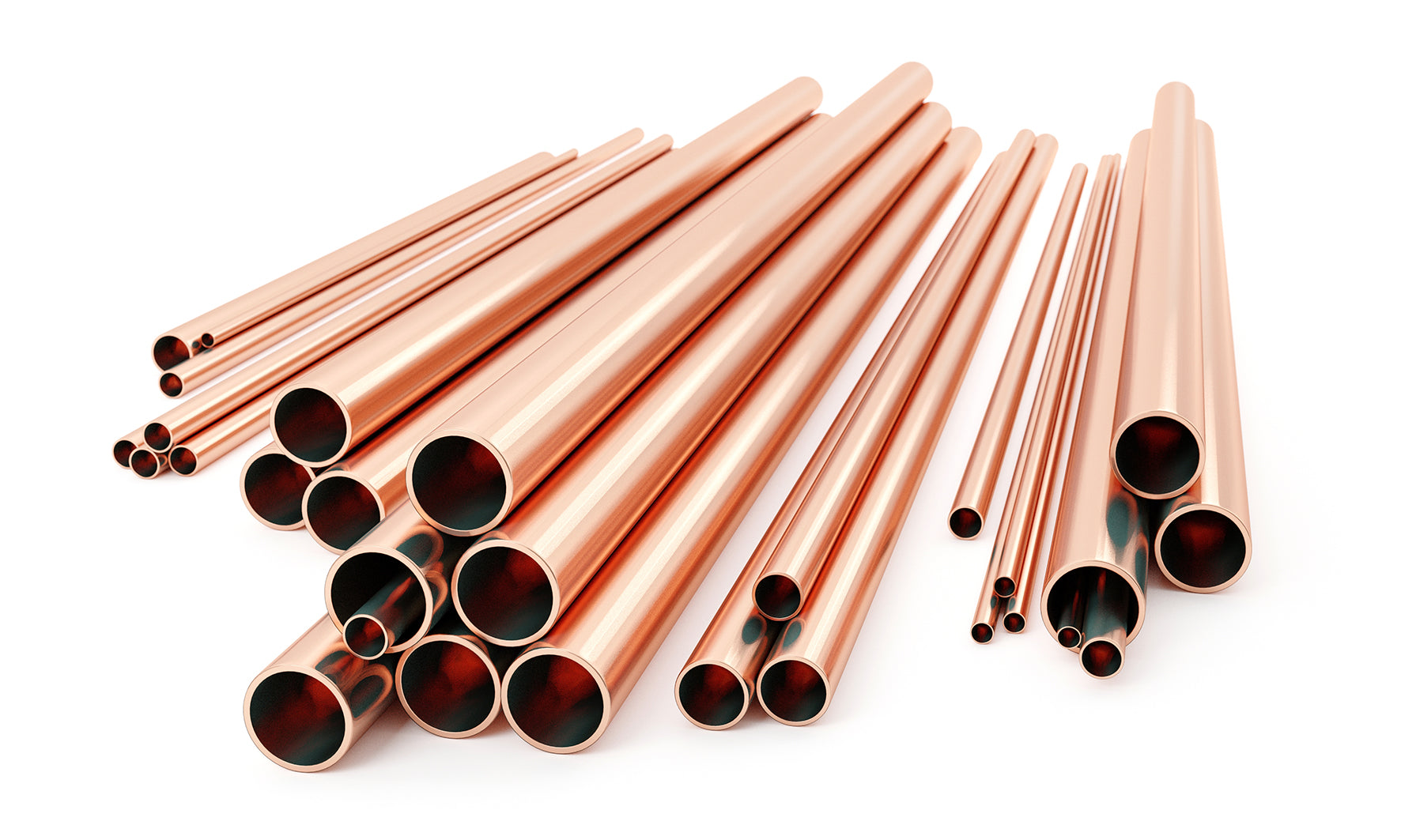 Pile of copper pipes on a white background