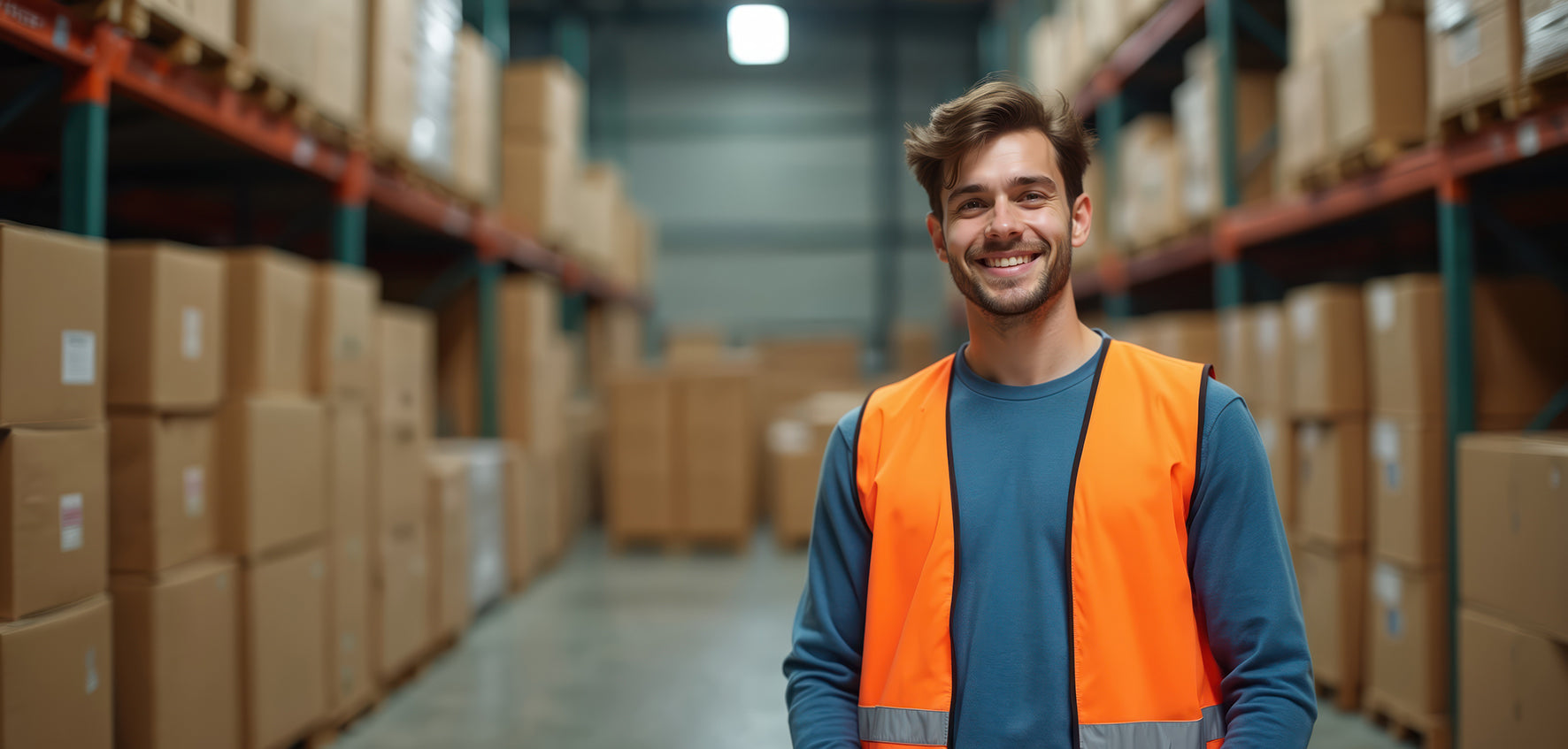 Man in an orange safety vest standing in a warehouse filled with cardboard boxes.