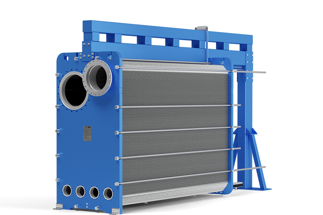 Heat exchanger with blue casing and silver metal plates on a white background