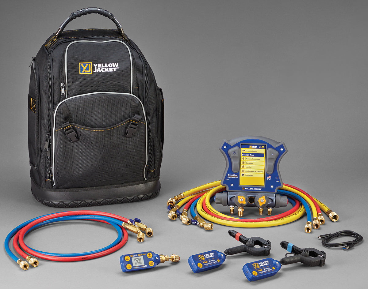 Yellow Jacket HVAC tool backpack with hoses and tools on a gray background