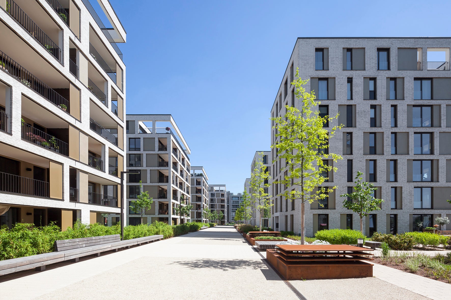 Modern apartment buildings with a clear blue sky