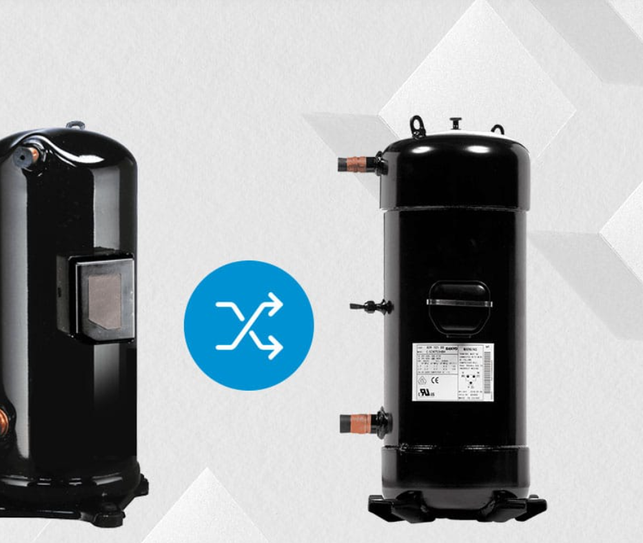 Two black cylindrical compressors with a blue connectivity symbol on a geometric patterned background.