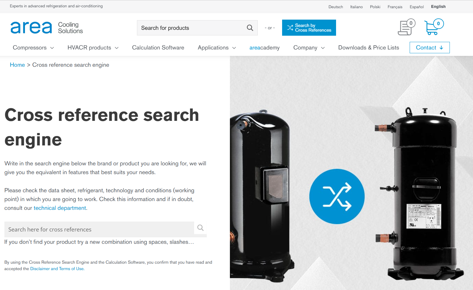 Website page for area Cooling Solutions with HVACR products and cross-reference search engine.