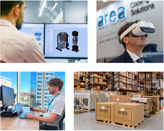 Collage of people using technology in various settings with 'area' branding.