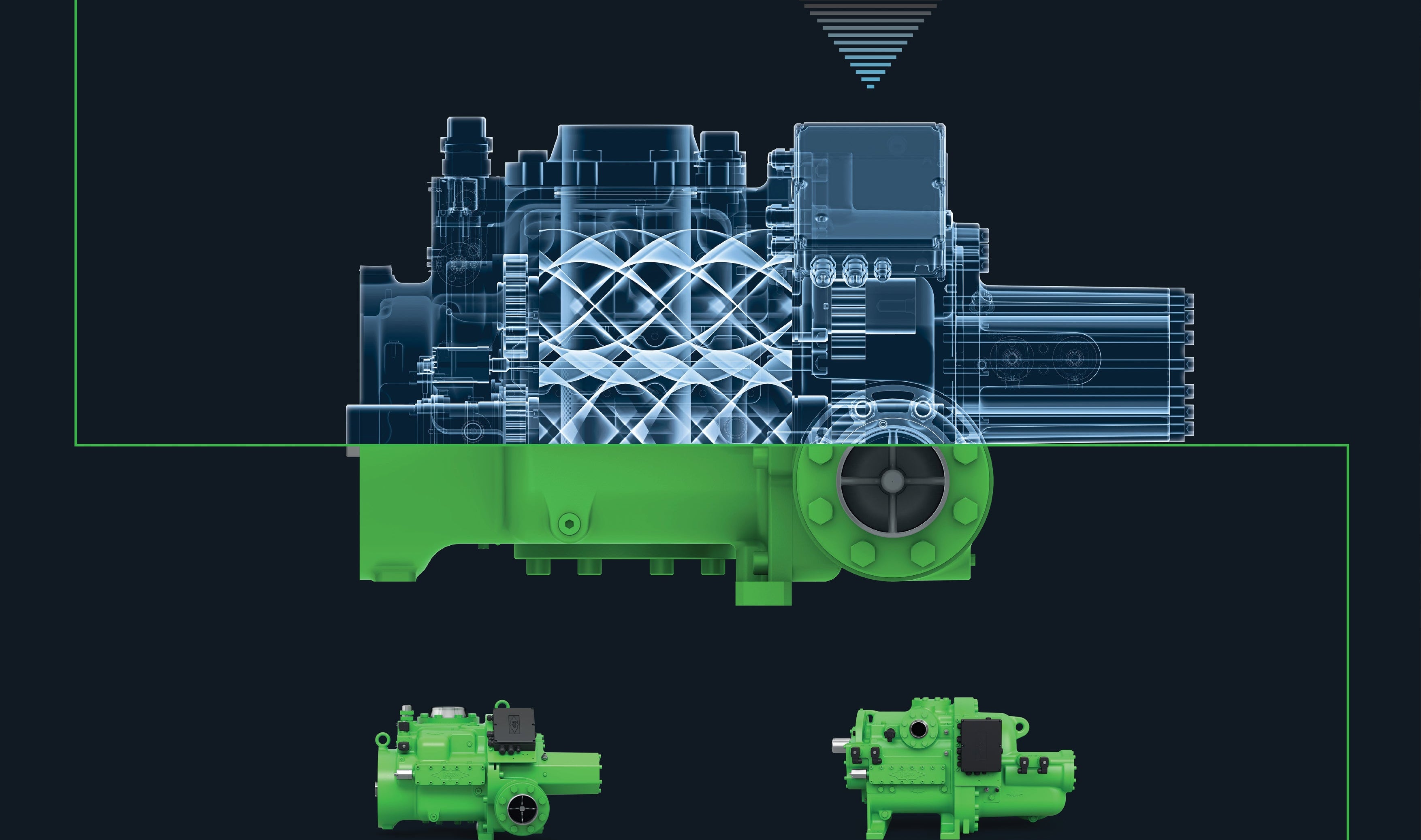 3D model of a Bitzer solution with a green base on a black background