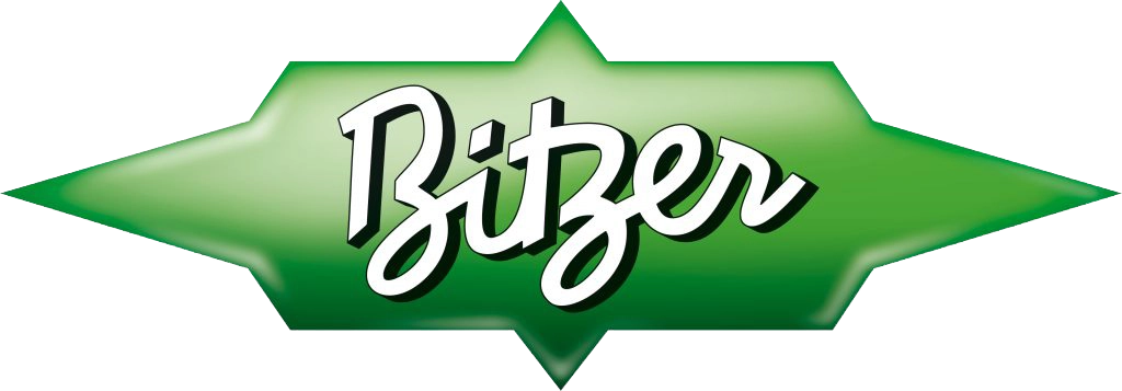 A green starburst-shaped logo with the word 'Bitzer' in white cursive lettering with a black outline, on a white background.