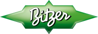 A green starburst-shaped logo with the word 'Bitzer' in white cursive lettering with a black outline, on a white background.