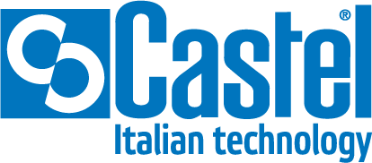 The logo for Castel, featuring a blue and white stylized 'C' emblem with the text 'Castel' and 'Italian technology' on a white background.