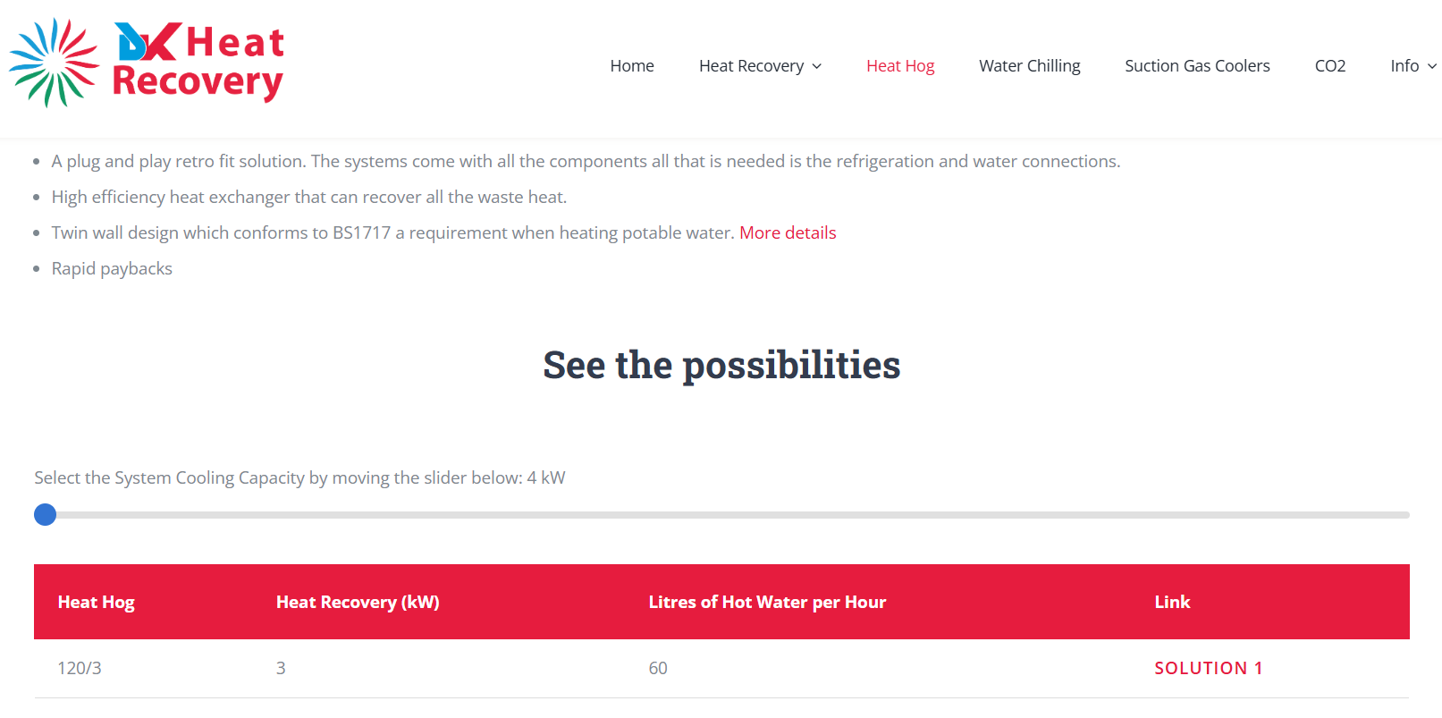 Heat recovery system selection page with options and capacity indicators.