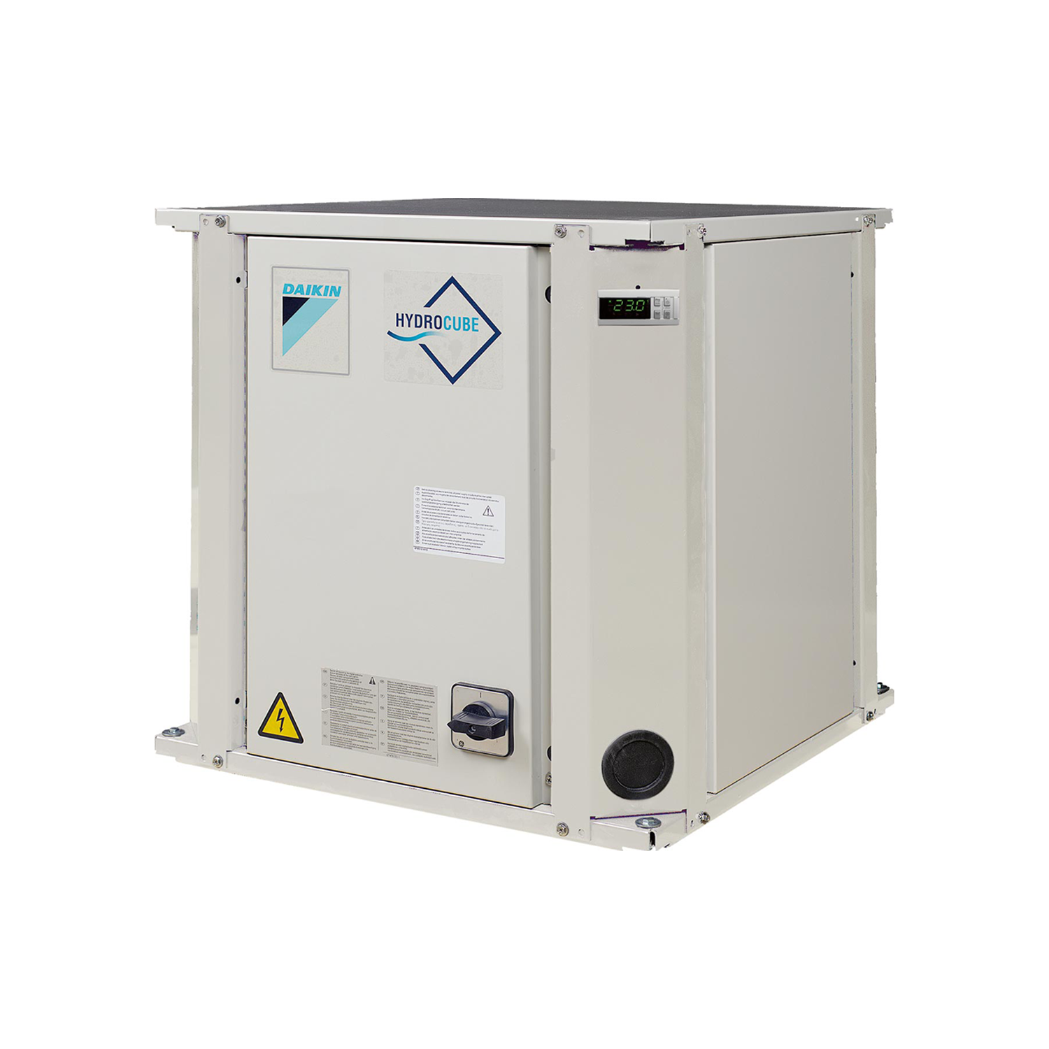 Grey heat pump on white background, with blue and black Daikin logo on the front of the heat pump.