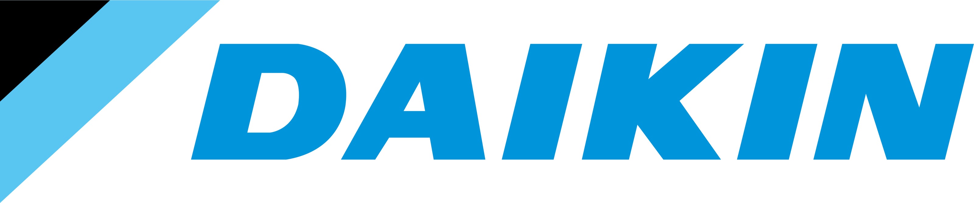 The DAIKIN brand logo in bold blue lettering on a white background with a black and blue diagonal graphic in the top-left corner.