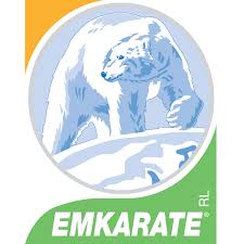 Emkarate logo in capitals in white on a green background. A polar bear is centered with orange on the top left hand corner.