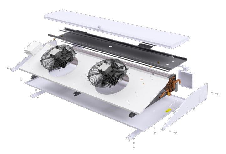 Ceiling-mounted evaporator unit with fans on a white background