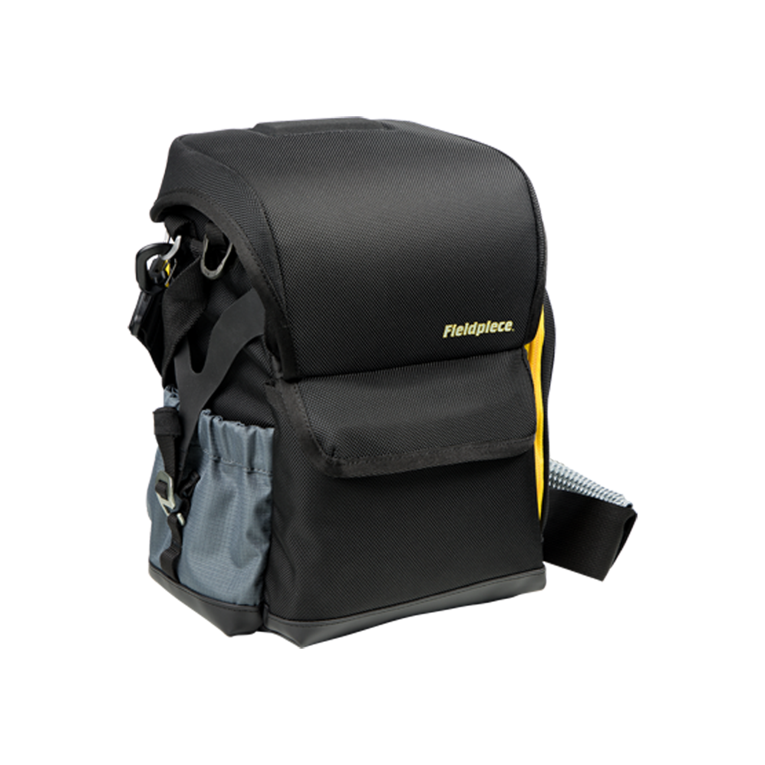 Fieldpiece toolbag in black with yellow details and grey pockets on a white background.