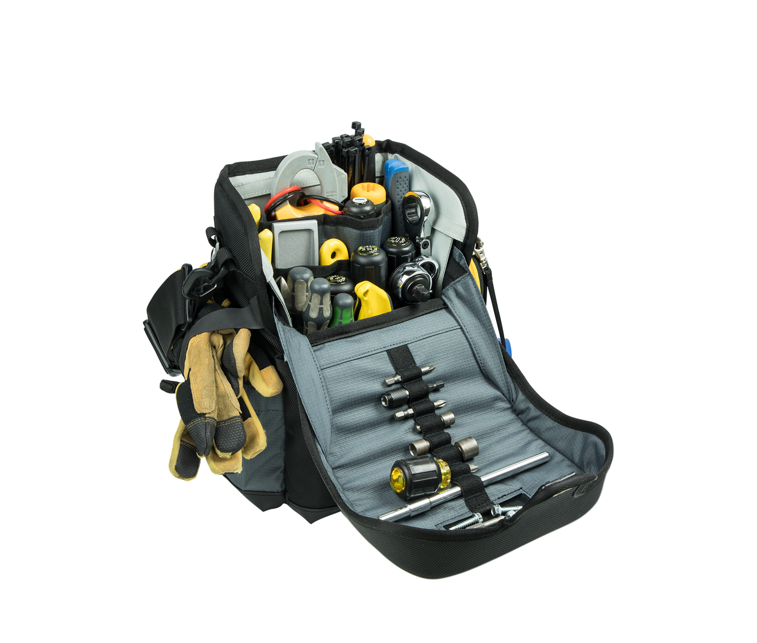 Fieldpiece Toolbag full of tools and gloves mostly in yellow and black.