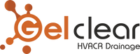 The logo for Gelclear HVACR Drainage, featuring an orange stylized 'G' with molecular bonds on the left, followed by the word 'clear' in dark gray and 'HVACR Drainage' in smaller dark gray text below, all on a white background.