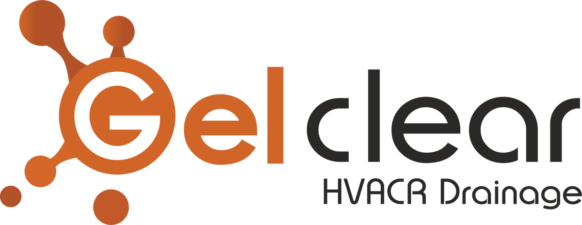 The logo for Gelclear HVACR Drainage, featuring an orange stylized 'G' with molecular bonds on the left, followed by the word 'clear' in dark gray and 'HVACR Drainage' in smaller dark gray text below, all on a white background.