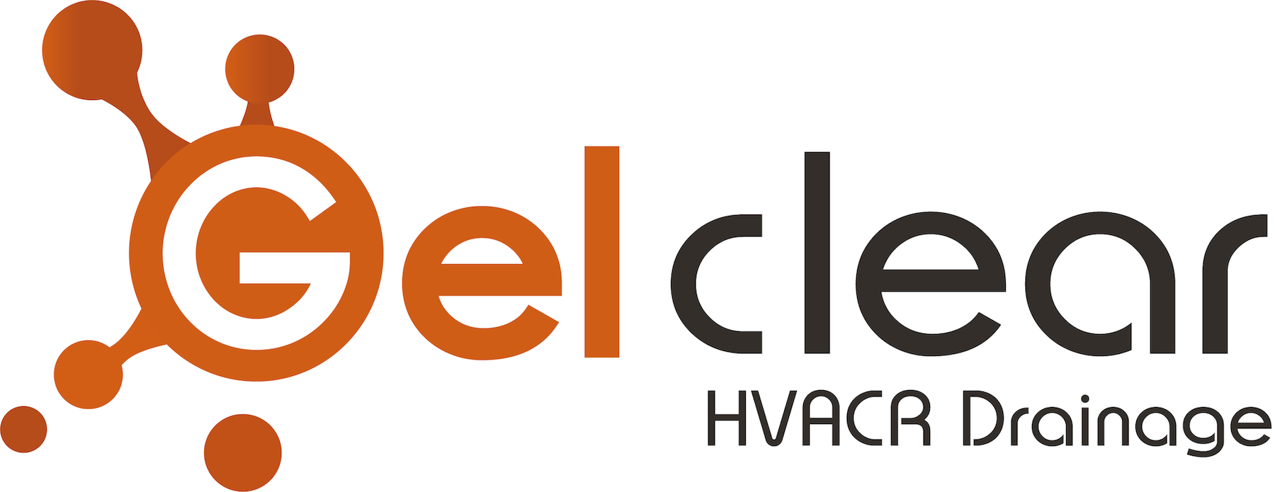 Gelclear HVACR drainage logo on a white background, featuring an orange stylized 'G' with orange droplets and dark gray 'clear' text with 'HVACR Drainage' below.
