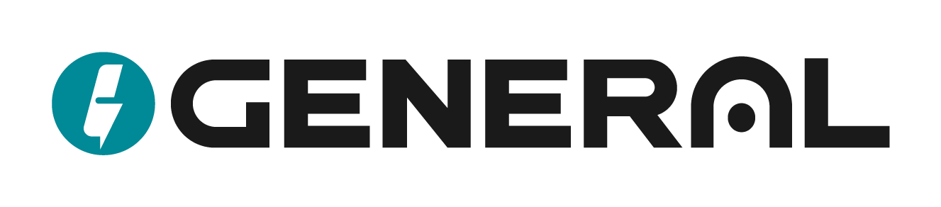 The GENERAL brand logo featuring a teal circular icon with a white lightning bolt and the word 'GENERAL' in bold black letters on a white background.