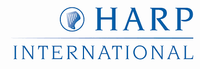 Blue and white logo for HARP International, featuring a circular harp icon and the words 'HARP INTERNATIONAL' on a white background.