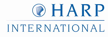 Blue and white logo for HARP International, featuring a circular harp icon and the words 'HARP INTERNATIONAL' on a white background.