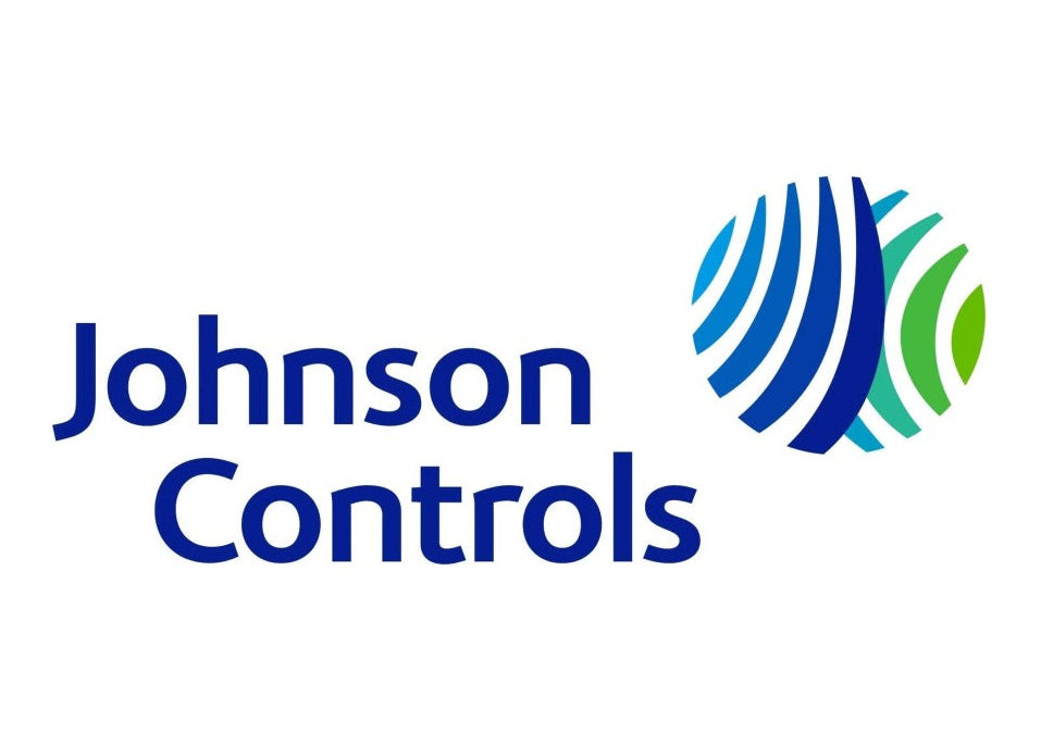 Johnson Controls logo on a white background, featuring the company name in dark blue text alongside a circular abstract emblem in blue, teal, and green.