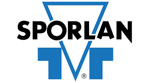 Sporlan logo in black with a blue triangular shape in the background, on a white background.