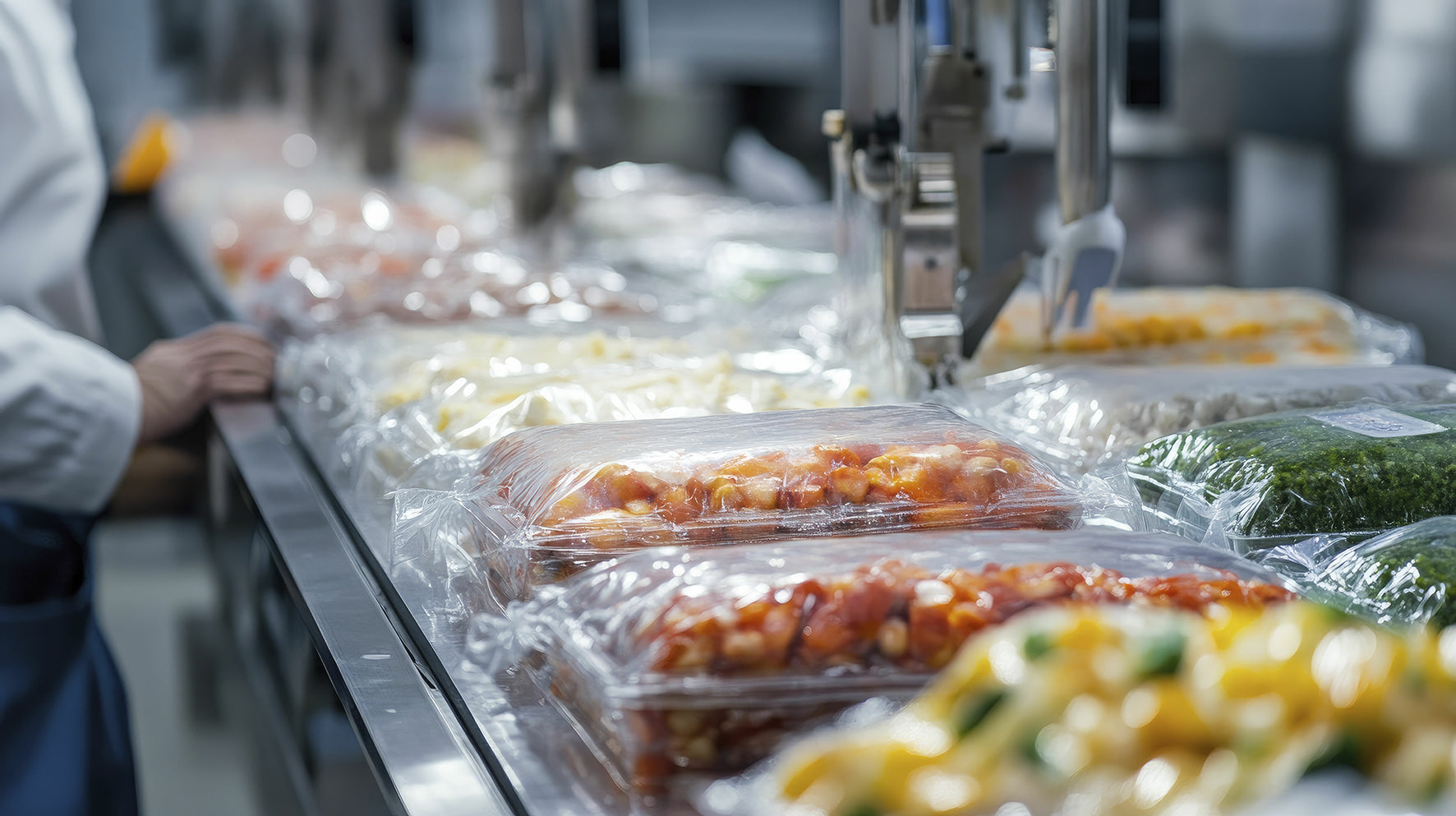 Factory line, with packaged foods, and machines, in a temperature controlled factory.
