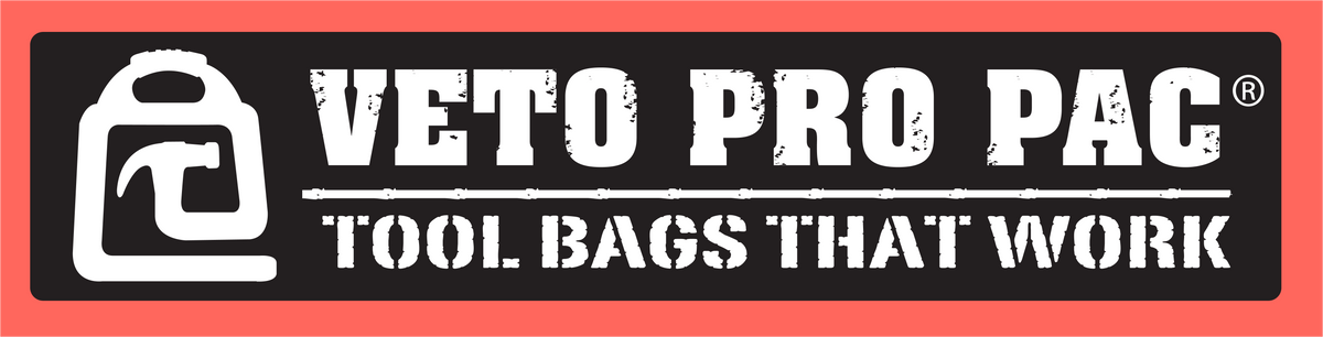Veto Pro Pac Tool Bags That Work logo banner with a black background, white text, and a red border.
