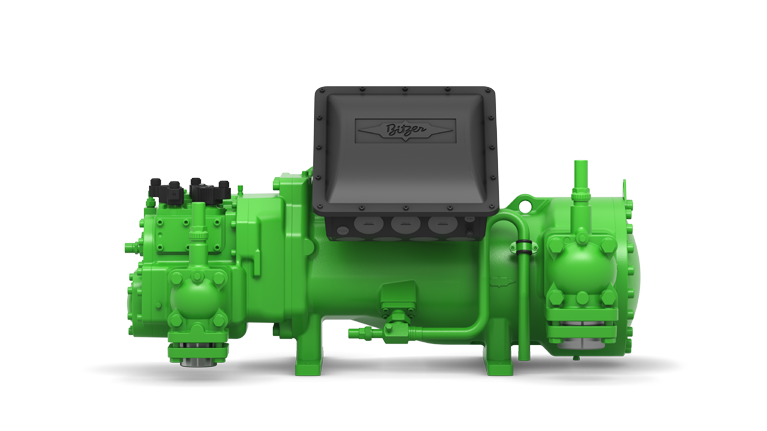 Green industrial compressor with a black control panel on a white background