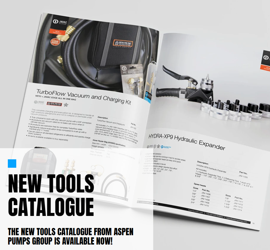 Open catalogues showing TurboFlow Vacuum and Charging Kit and Hydra XP9 Hydraulic Expander with promotional text for a new tools catalogue.