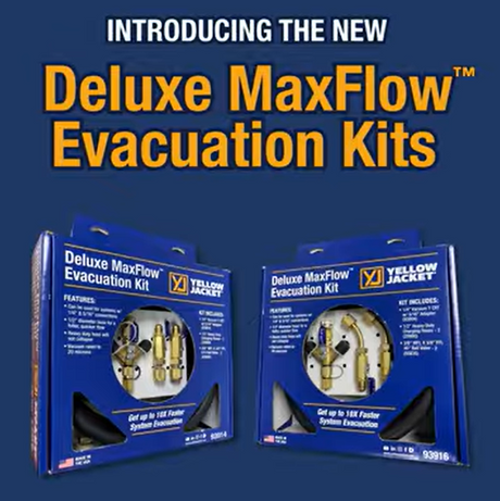 Yellow Jacket Deluxe MaxFlow Evacuation Kits (x2 kits) with text introducing the new product on a blue background.