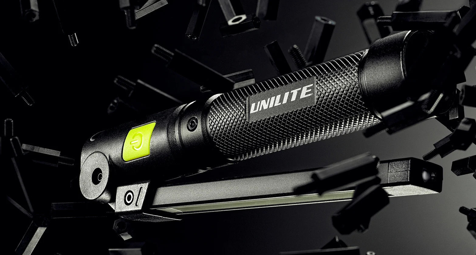 UNILITE flashlight on a black background with mechanical components